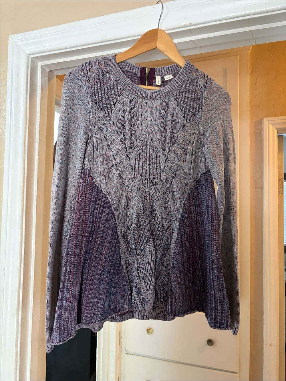 Moth Grey and Purple Cable Knit Crewneck Sweater